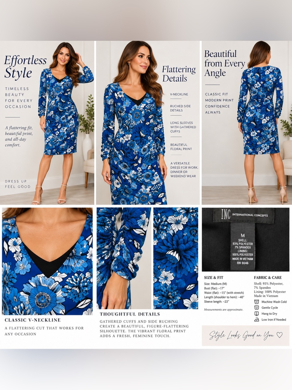 INC International Concepts Dress Womens M Blue Floral Ruched V-Neck - Picture 6 of 6